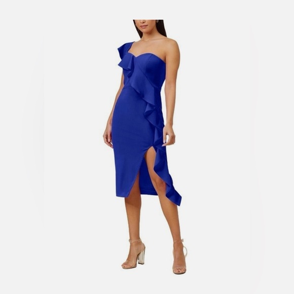 Aidan Mattox Ruffled One Shoulder Sapphire Blue Cocktail Midi Dress size 14 - Picture 3 of 11
